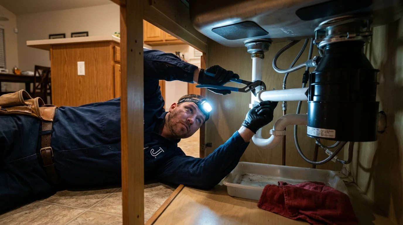 P-trap and supply line connections under a kitchen sink showing a common leak point in Elyria, OH